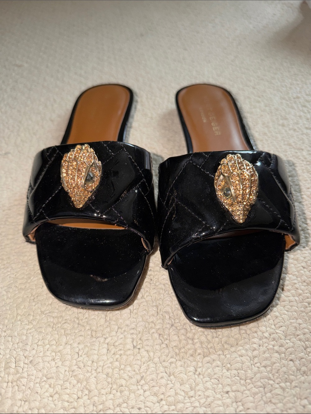 Kurt Geiger Black Patent Quilted Slide Sandals with Gold Medallions - Picture 3 of 5